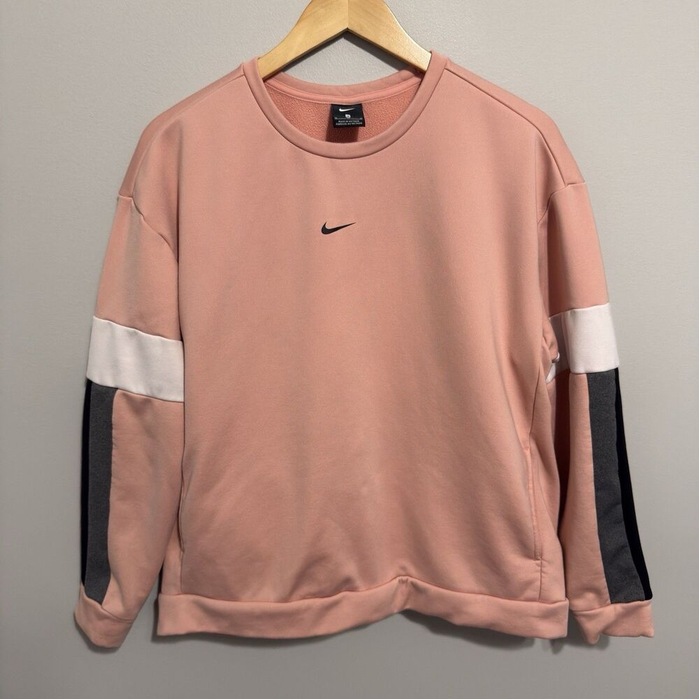 Nike Therma Fleece Sweatshirt Womens M Coral Pink Colorblock Center Swoosh